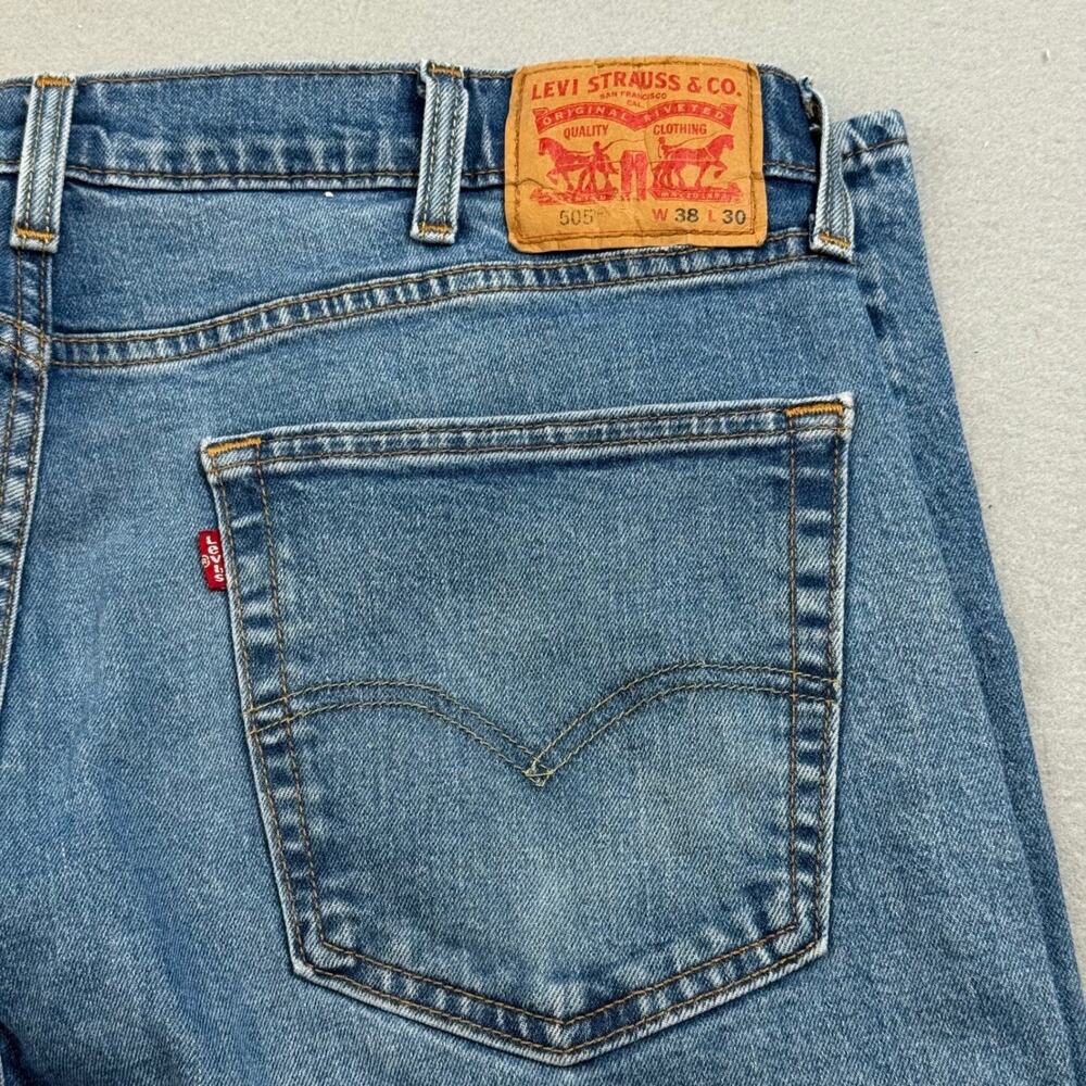 Levis 505 Regular Straight 38x30 Cotton Stretch Medium Wash Denim Blue Jeans Zip - Picture 13 of 16